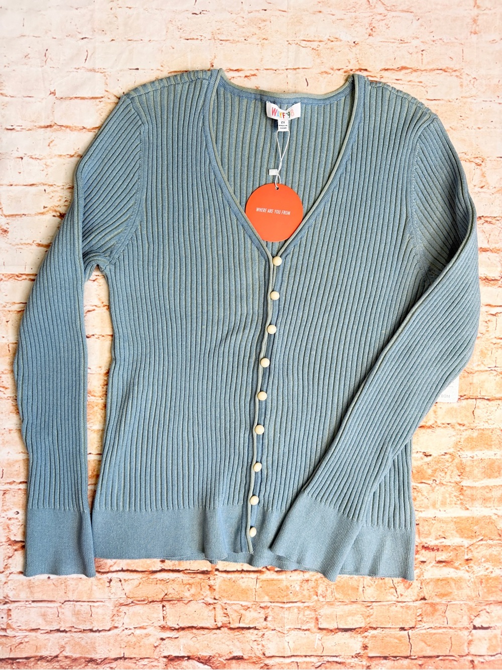 Wayf Ribbed V-Neck Button Cardigan in Sage Green